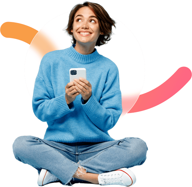 Excited young woman with black hair using Tumile's Chat rooms